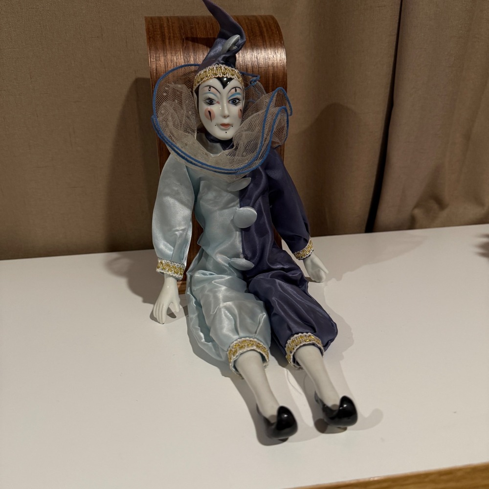 Vintage Silvestri Porcelain Harlequin Jester‎ Doll Blue Navy Satin Pierrot Clown